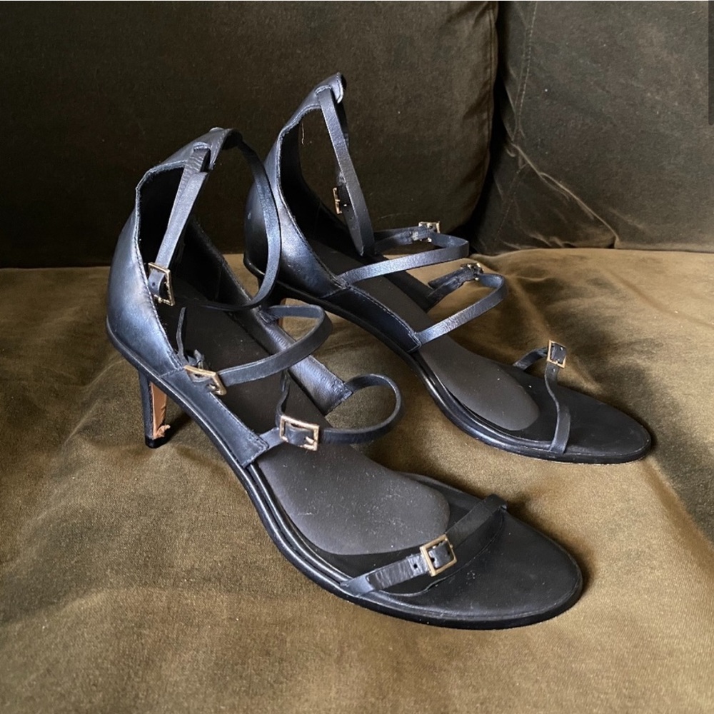 Tibi Black Leather Ankle Strap Sandals Mid Heel